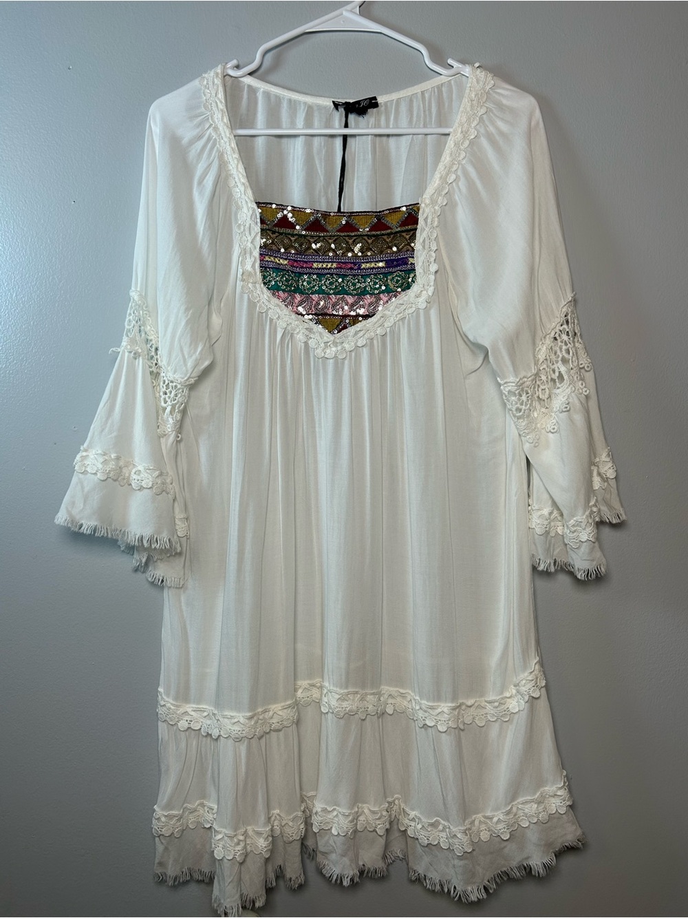 White Sheer Coastal Boho Dress Crochet Sleeve Sequin Beach Hippie Made in Italy
